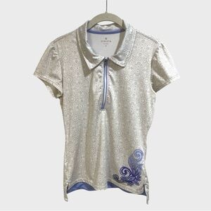 Athleta Patterned Polo Shirt  Gray with  periwinkle Detail Size Small ( NWOT)